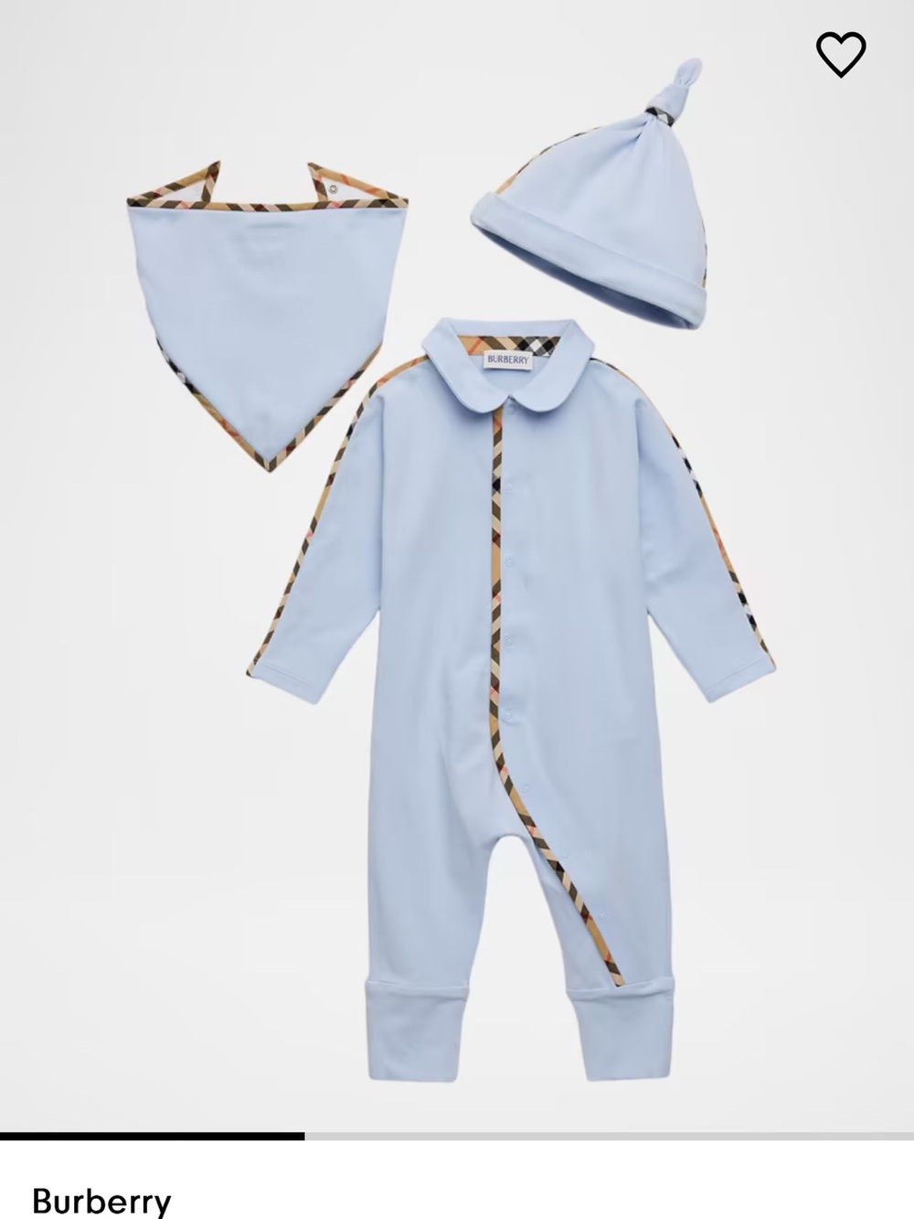 Burberry Light Blue Baby One-Piece with Signature Check Trim and Hat